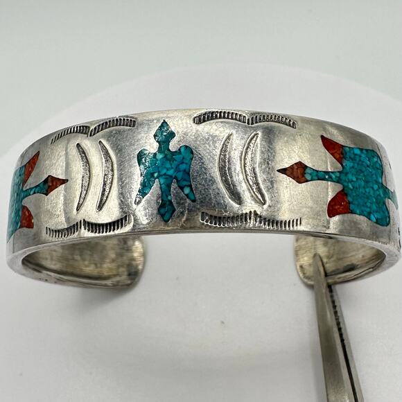 Navajo Native vintage sterling silver turquoise chip inlay cuff bracelet 28.54 - Picture 2 of 10